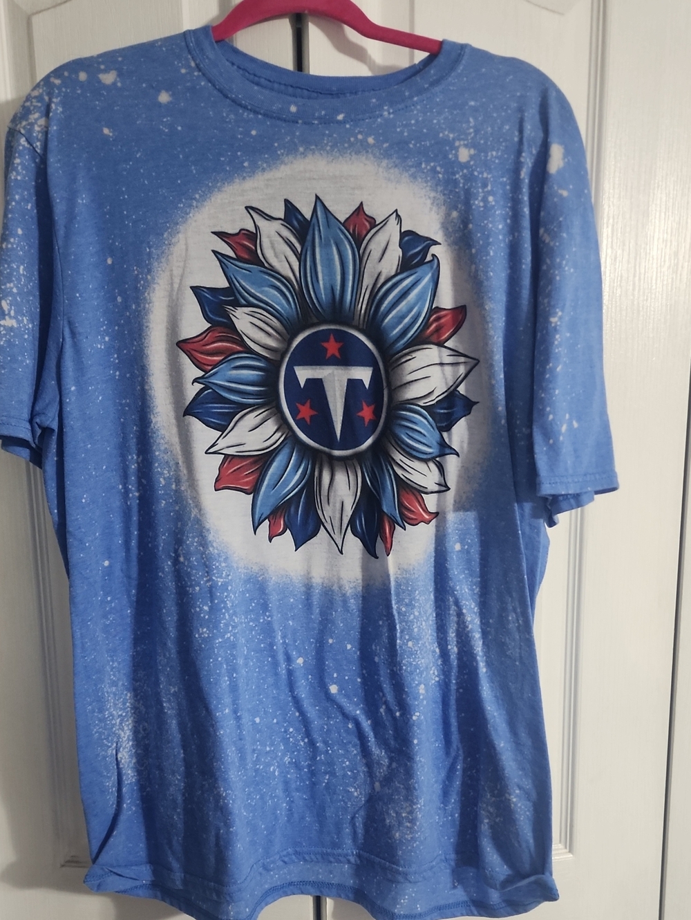 Gildan Light Blue Short Sleeve Tee with Red, White & Navy Sunflower Graphic